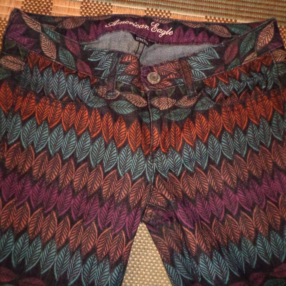 American Eagle Outfitters Stretch Jeggings 4 Leaf/Feather Multicolored Zip Leg - Picture 11 of 16
